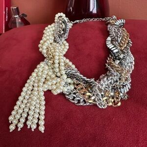 Banana Republic Silver and Gold Pearl crystal Cluster chunky heavy Necklace